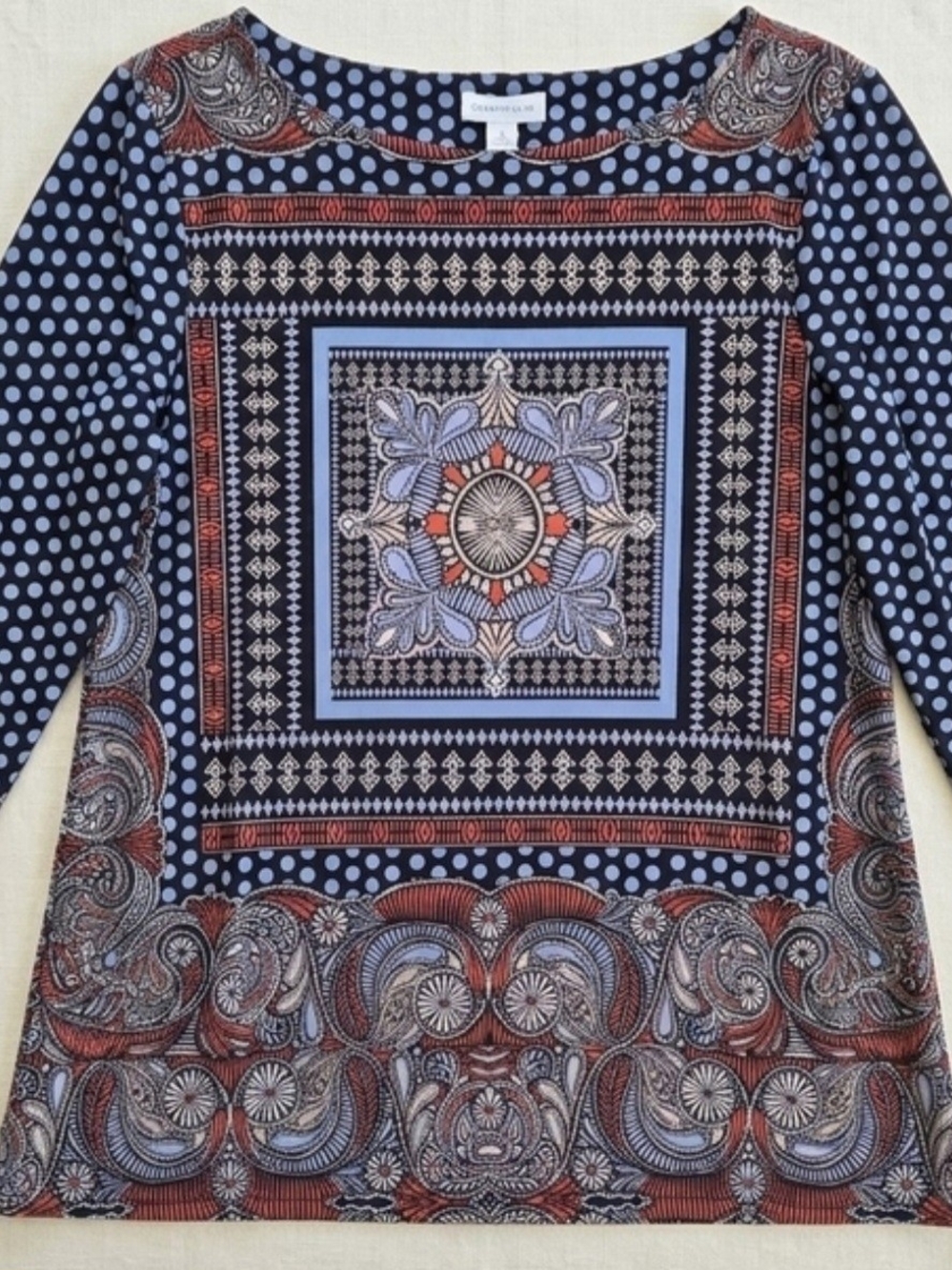Charter Club Navy, Rust & Light Blue Printed 3/4 Sleeve Women's Large #88